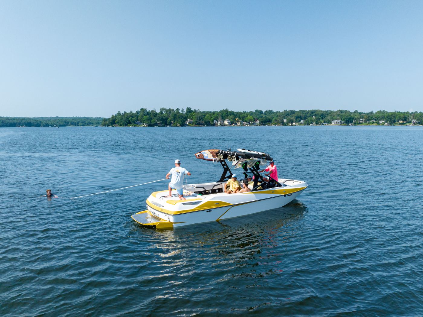 Aerial view of guests on a charter boat